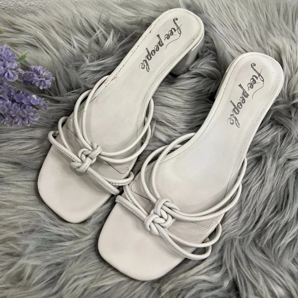 Free People‎ Petra Leather Knot Block Heel Slide Gray-White Sandals Size 9-9.5